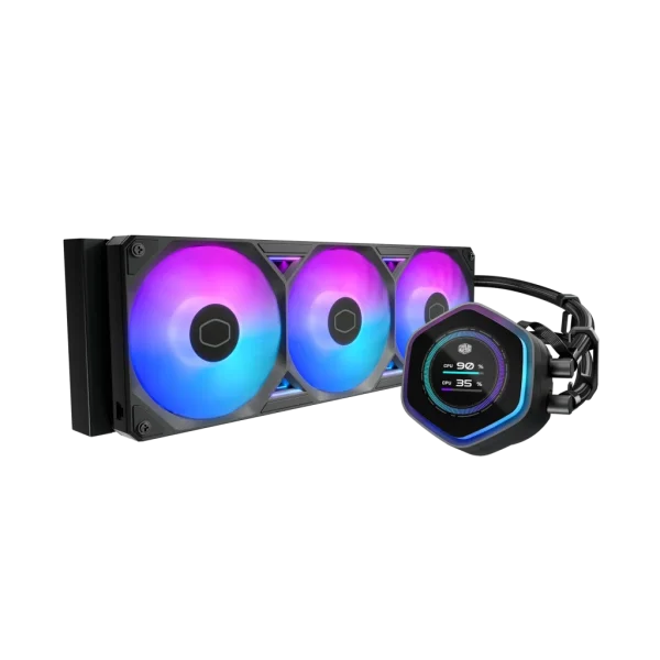 Cooler Master Atmos II;360mm Radiator; Fits all AMD and Intel sockets; VRM fan module; 3 x120mm Sickleflow edge ARGB fans; Black