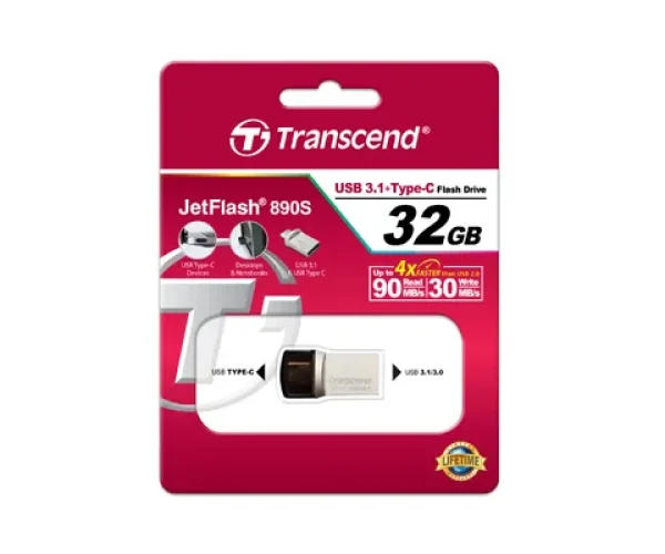 TRANSCEND 32GB JETFLASH 890 USB-C & USB 3.1 OTG FLASH DRIVE - SILVER