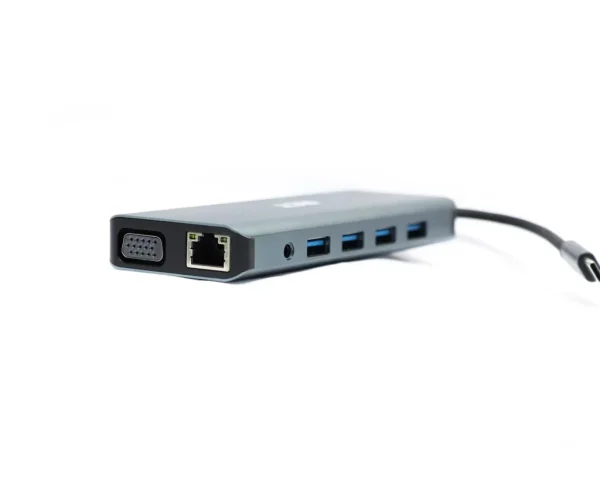 RCT compact 12-in-1 USB Type C hub with 2 HDMI; 1 VGA; 3 USB 3.0; 1 USB 2.0; 1 RJ45; PD100W; audio; SD & microSD card reader