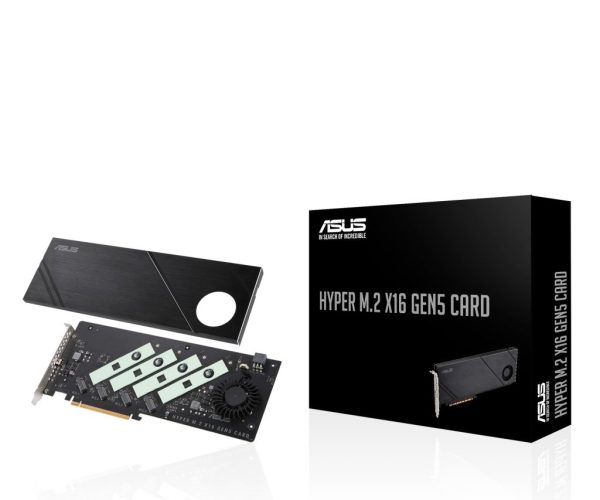 Hyper M.2 x16 Gen5 Card (PCIe 5.0/4.0) supports up to four NVMe M.2 (2242/2260/2280/22110) devices at up to 512 Gbps for RAID