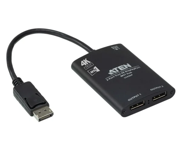 ATEN 2-Port True 4K DisplayPort Single Stream Transport (SST) or Multi-Stream Transport (MST) Mode; dual output – up to 3840 x 2