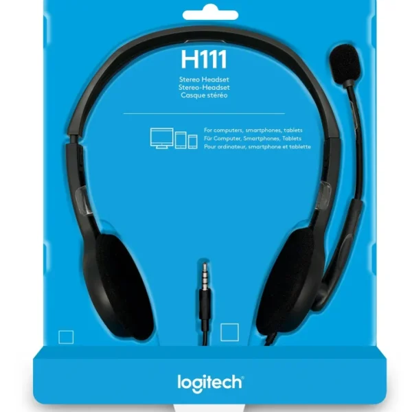 981-000593 - Logitech Headset H111 Analog Stereo Headset  One plug Noise Cancelling mic full stereo sound Flexible Rotating Boom