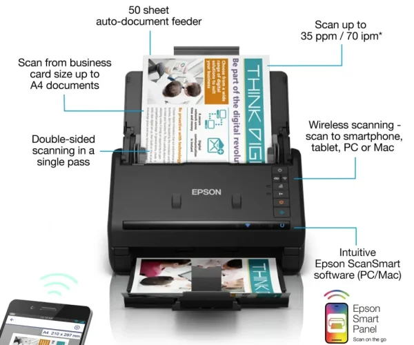 Epson WorkForce ES-500W II Wireless A4 Auto-duplex scanner - Wireless scanning Scan to smartphone; tablet; PC