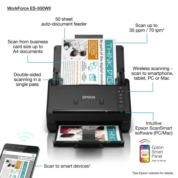 Epson WorkForce ES-500W II Wireless A4 Auto-duplex scanner - Wireless scanning Scan to smartphone; tablet; PC