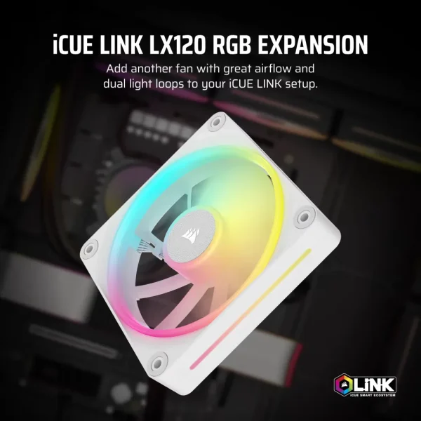 Corsair iCUE LINK LX120 RGB 120mm PWM Fan - Dual Light Loops – Requires iCUE LINK System Hub (Sold Separately) - White