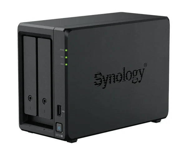 Synology DS725+ 2 Bay NAS AMD Ryzen R1600 2C CPU 4 GB DDR4 ECC SODIMM (2 RAM slots) 1 x RJ-45 1GbE 1 x RJ-45 2.5GbE