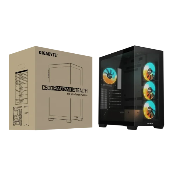Gigabyte C500 Panoramic Stealth ATX Chassis; 1x 3.5'' | 2x 2.5'' Drive Bays; 360mm Radiator compatible; 4x 120mm ARGB fan incl;
