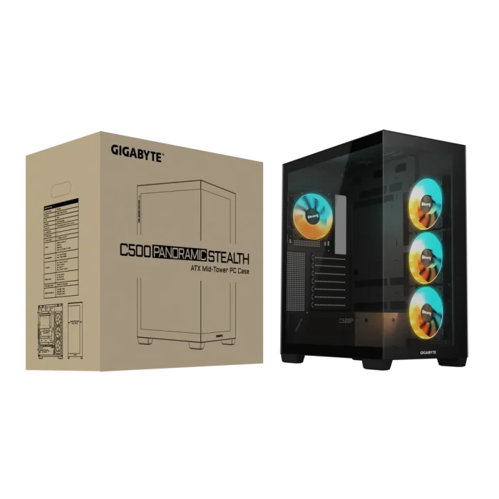 Gigabyte C500 Panoramic Stealth ATX Chassis; 1x 3.5'' | 2x 2.5'' Drive Bays; 360mm Radiator compatible; 4x 120mm ARGB fan incl;