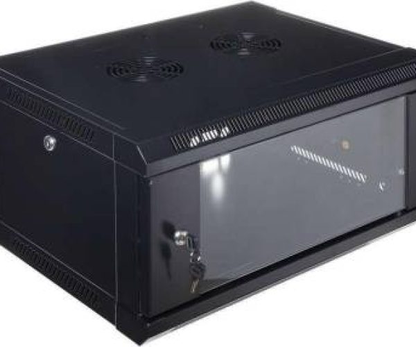 RCT 6U AP Pre-coated black wall mount cabinet 2x uprights 2x glands + Screws; 450mm GLASS DOOR.