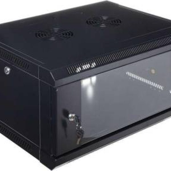 RCT 6U AP Pre-coated black wall mount cabinet 2x uprights 2x glands + Screws; 450mm GLASS DOOR.