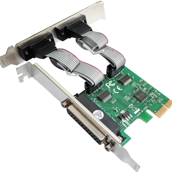 RCT PCI-e 2.3 multi-I/O card with 2× RS-232 (COM) + 1× IEEE 1284 parallel (LPT) ports.