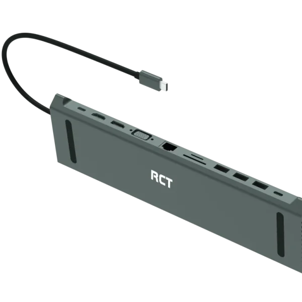 RCT 13-in-1 USB type C dock with MST function;1 HDMI; 1 DP; 1 VGA; 3 USB 3.0; 1 RJ45; PD; 3.5mm audio & mic; SD/TF3.0 reader