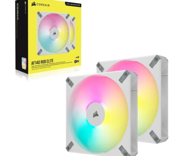 Corsair AF ELITE Series; AF140 RGB ELITE WHITE; 140mm Fluid Dynamic RGB Fan with AirGuide; Dual Pack with Lighting Node CORE