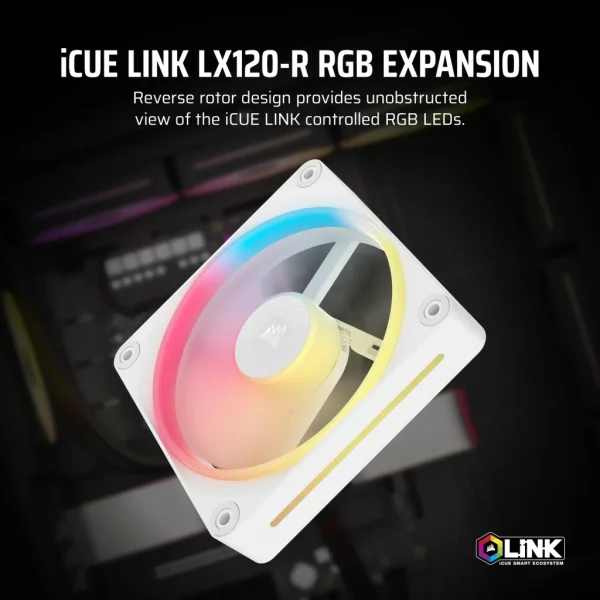CORSAIR LX-R RGB Series; iCUE LINK LX120-R RGB White; 120mm RGB Fan; Single Fan.